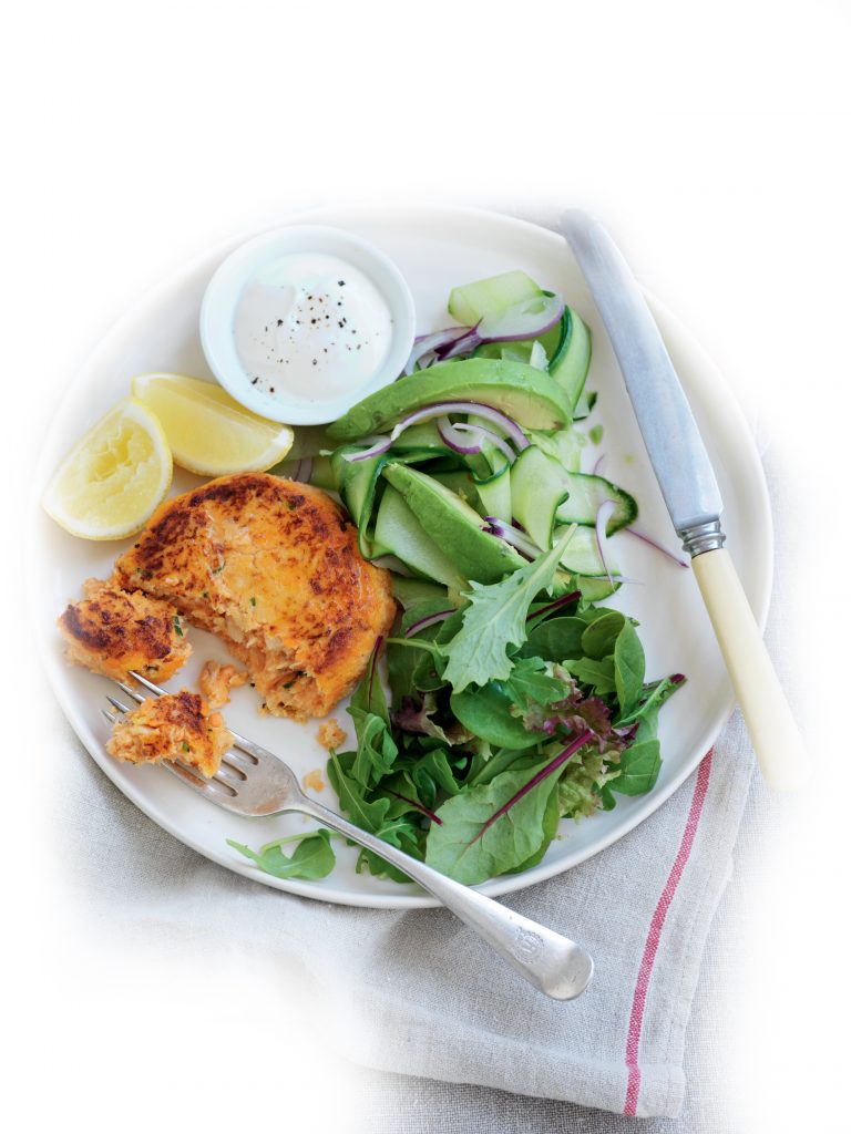 Salmon and kumara cakes with cucumber and avocado salad Salmon and kumara cakes with cucumber and avocado salad