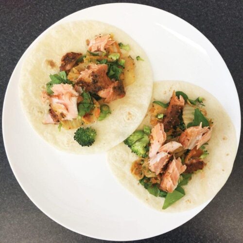 Salmon kimchi tacos