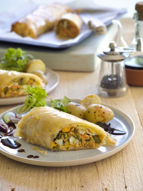 Salmon and egg filo strudel