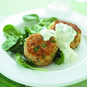 Salmon and pea patties with mint raita