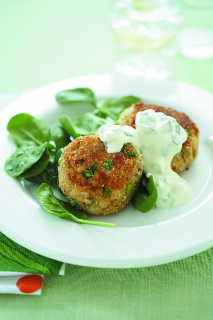 Salmon and pea patties with mint raita Salmon and pea patties with mint raita