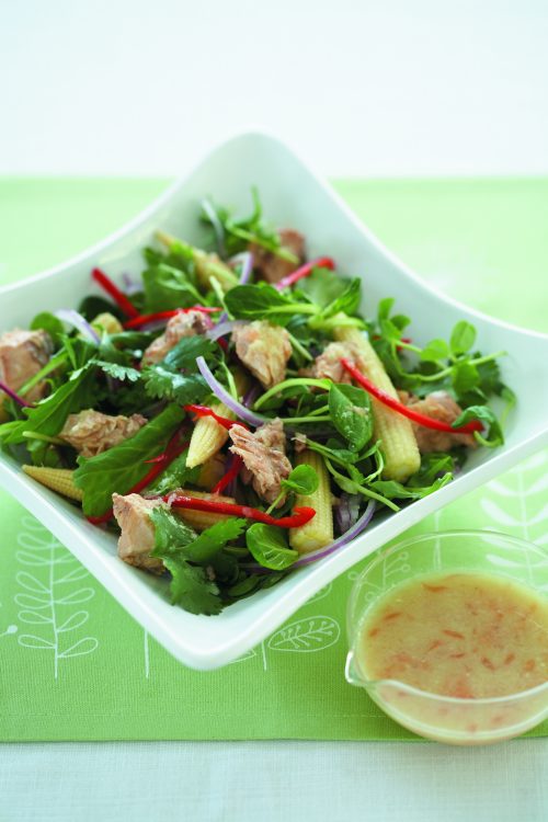 Salmon and snow pea sprout salad with grapefruit dressing