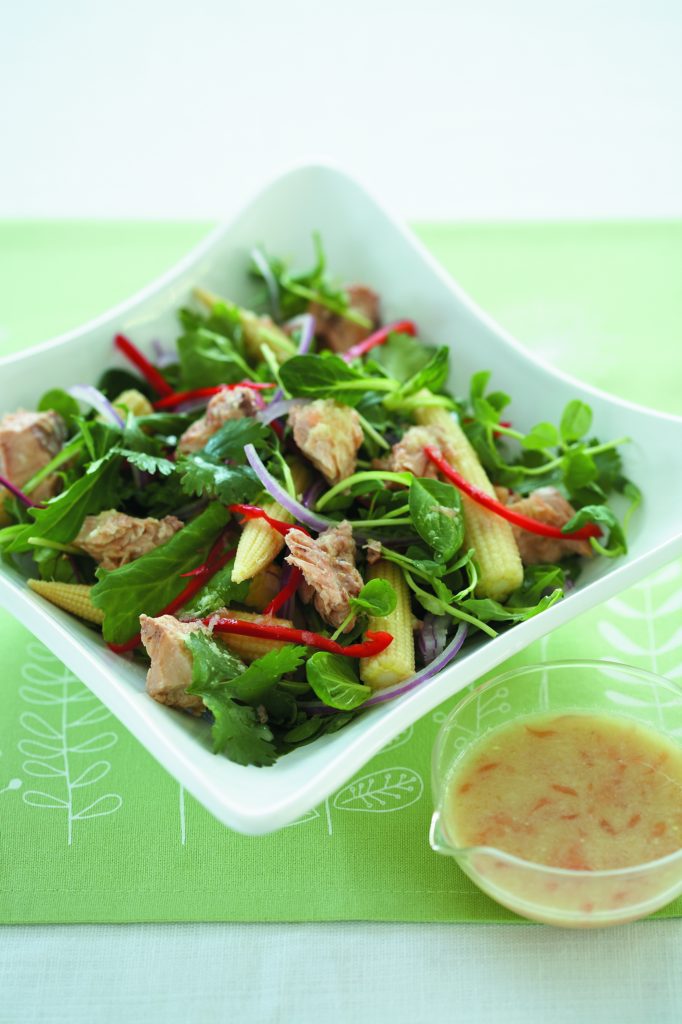 Salmon and snow pea sprout salad with grapefruit dressing Salmon and snow pea sprout salad with grapefruit dressing