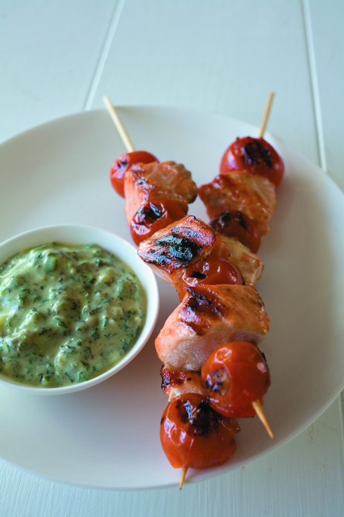 Salmon kebabs with creamy salsa verde Salmon kebabs with creamy salsa verde