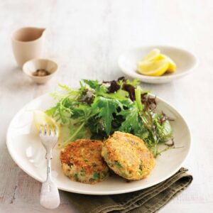 Salmon, pea and herb potato cakes