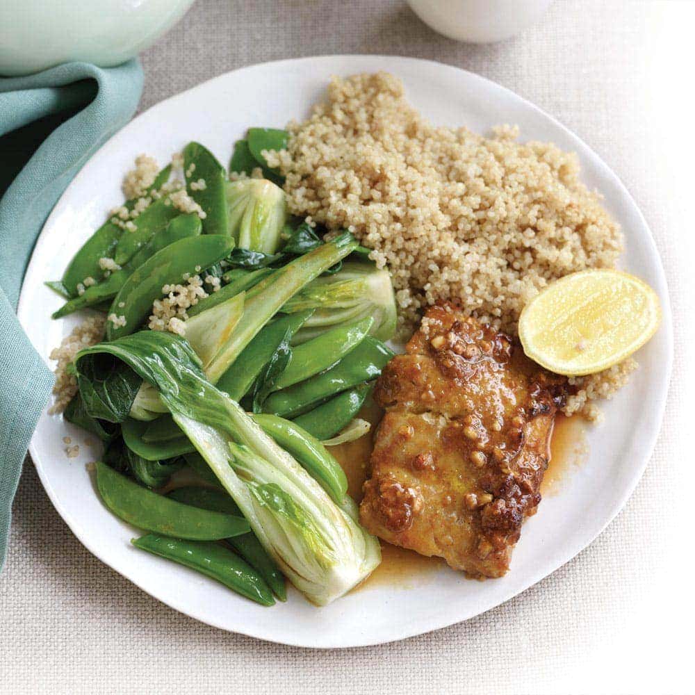 Satay-baked fish with stir-fried greens Satay-baked fish with stir-fried greens