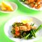 Seafood skewers with lentil salad