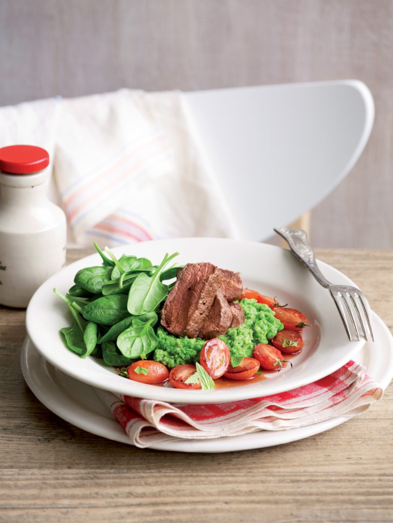 Seared lamb with mint pea mash and roasted tomatoes Seared lamb with mint pea mash and roasted tomatoes