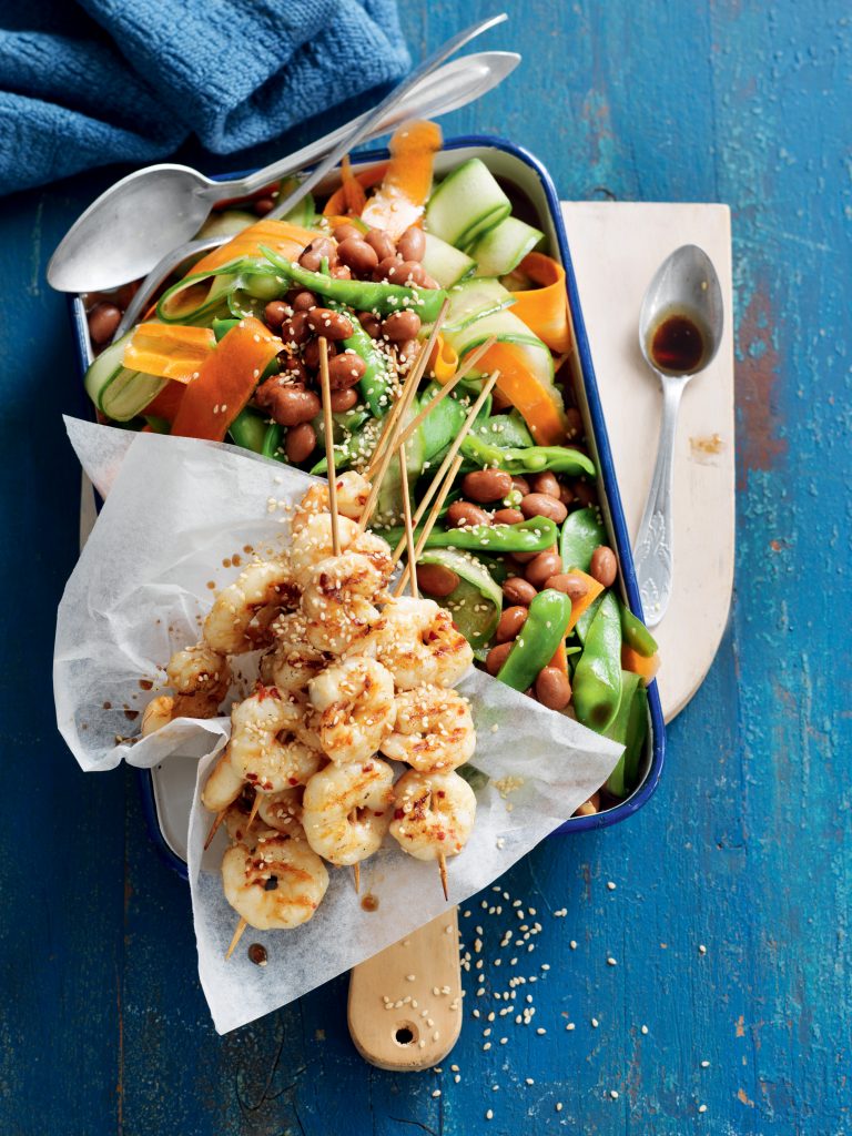 Sesame prawn skewers with borlotti bean and snow pea salad Sesame prawn skewers with borlotti bean and snow pea salad