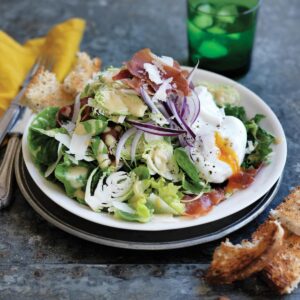 Shaved Brussels sprout salad with prosciutto and poached eggs