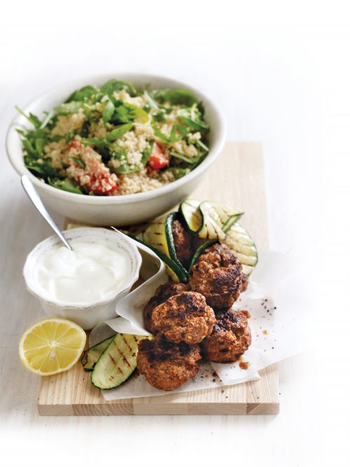 Smoky beef rissoles with couscous salad