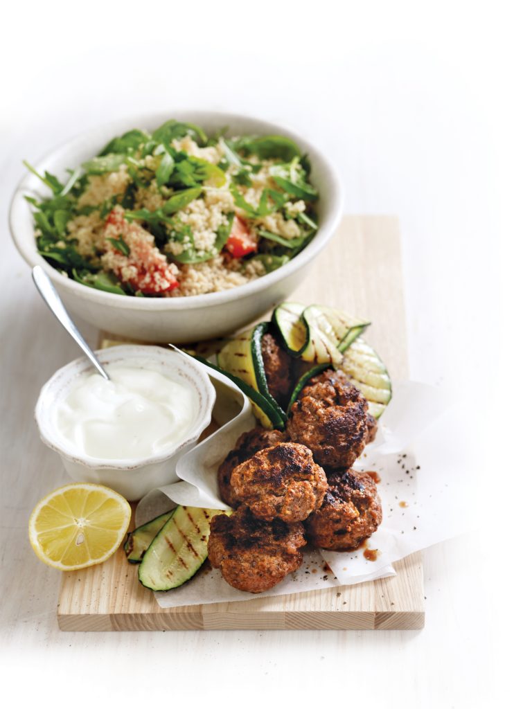 Smoky beef rissoles with couscous salad Smoky beef rissoles with couscous salad