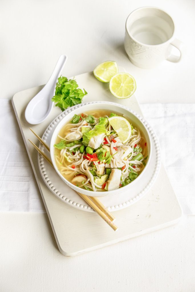 Soba noodle soup with fish and Asian greens Soba noodle soup with fish and Asian greens
