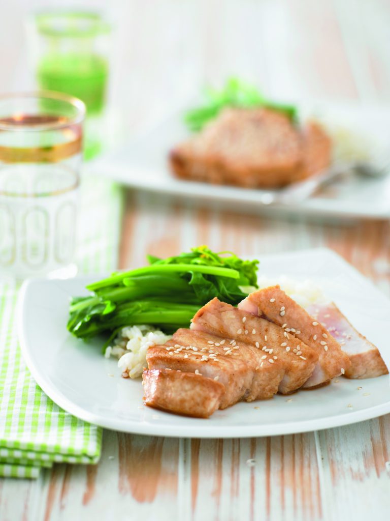 Soy-seared fish with ginger rice and Chinese greens