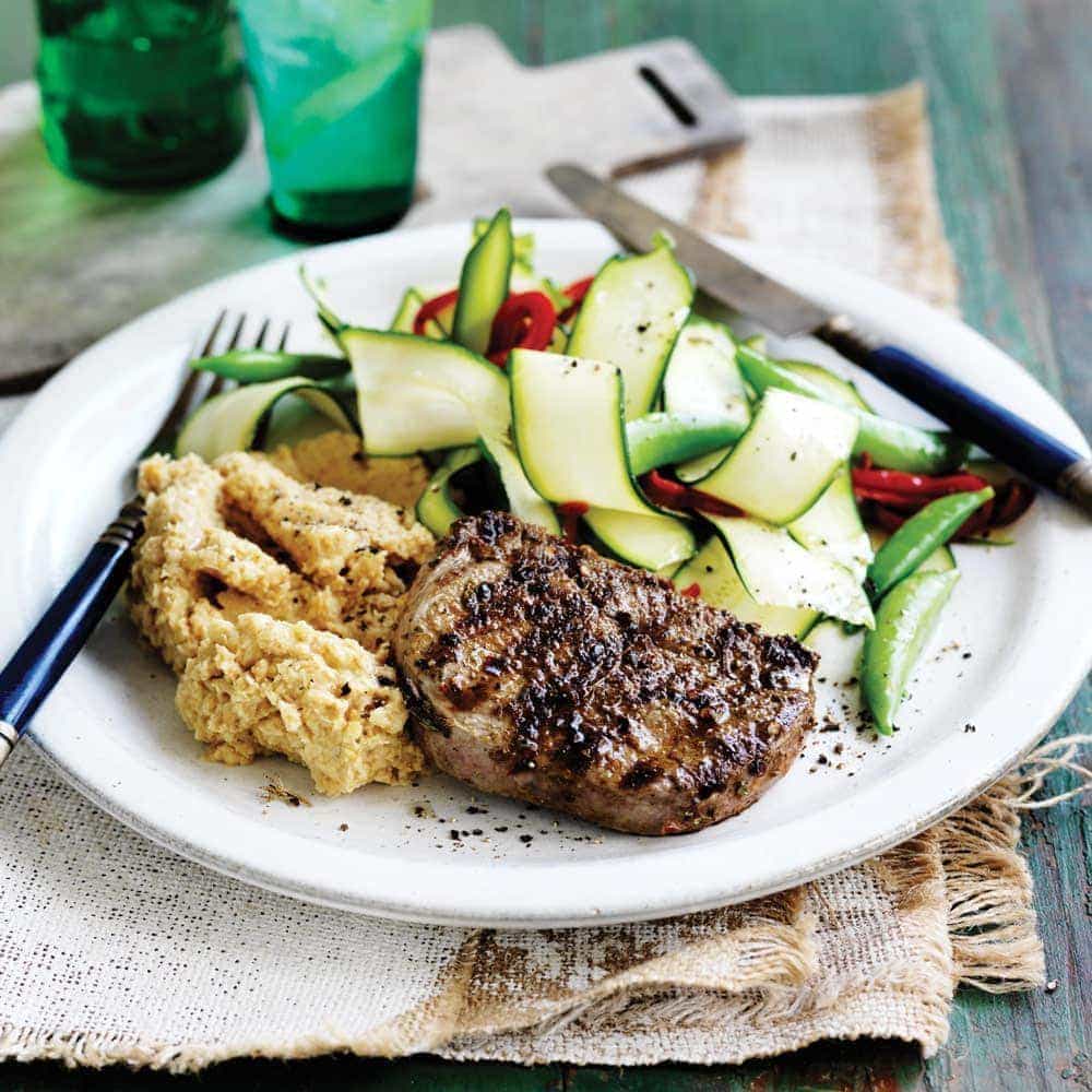 Spiced lamb with chickpea mash and courgette salad Spiced lamb with chickpea mash and courgette salad