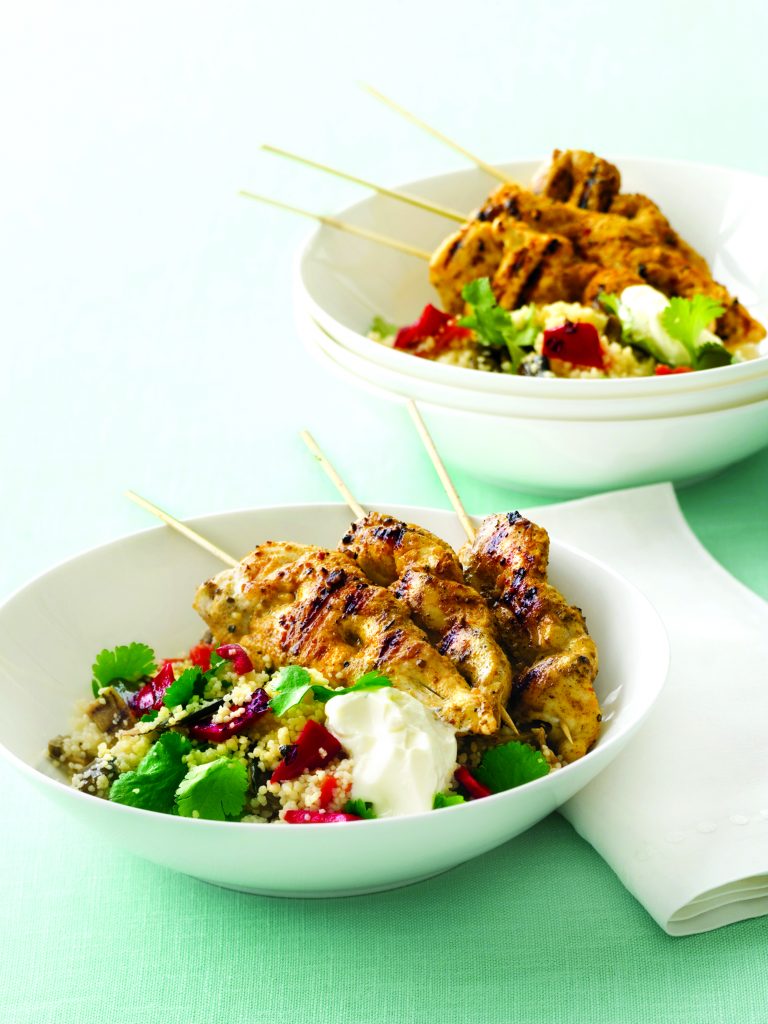 Spicy chicken skewers with vege couscous Spicy chicken skewers with vege couscous