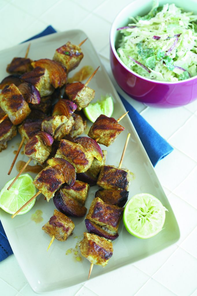 Spicy pork skewers with apple coleslaw