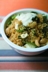Spinach, feta, cashew nut and bulgar wheat pilau