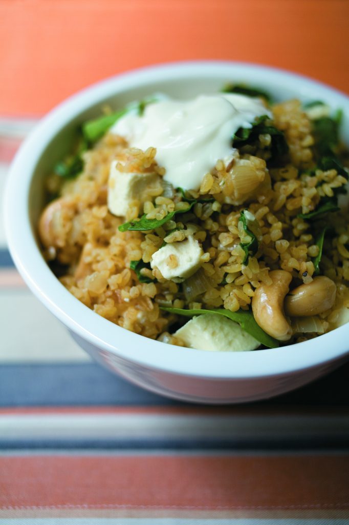 Spinach, feta, cashew nut and bulgar wheat pilau Spinach, feta, cashew nut and bulgar wheat pilau