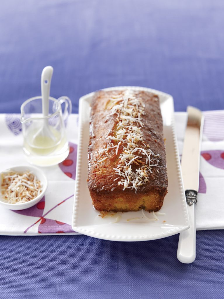 Sticky lemon, lime and coconut loaf