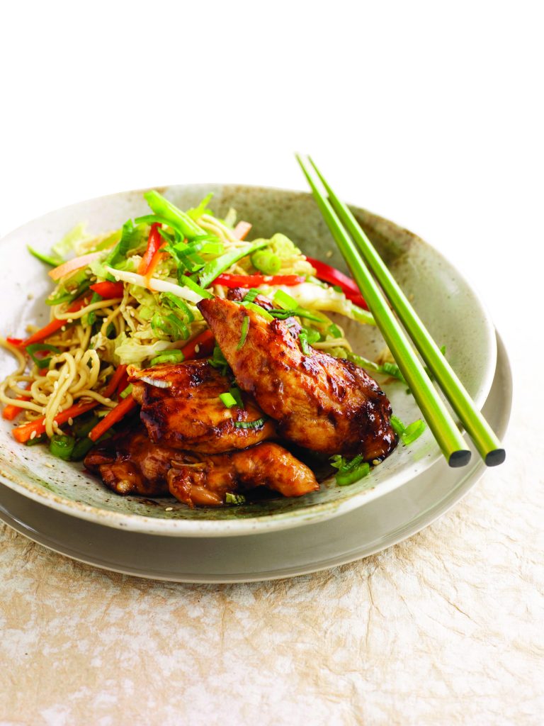 Sticky hoisin chicken with sesame noodle coleslaw Sticky hoisin chicken with sesame noodle coleslaw