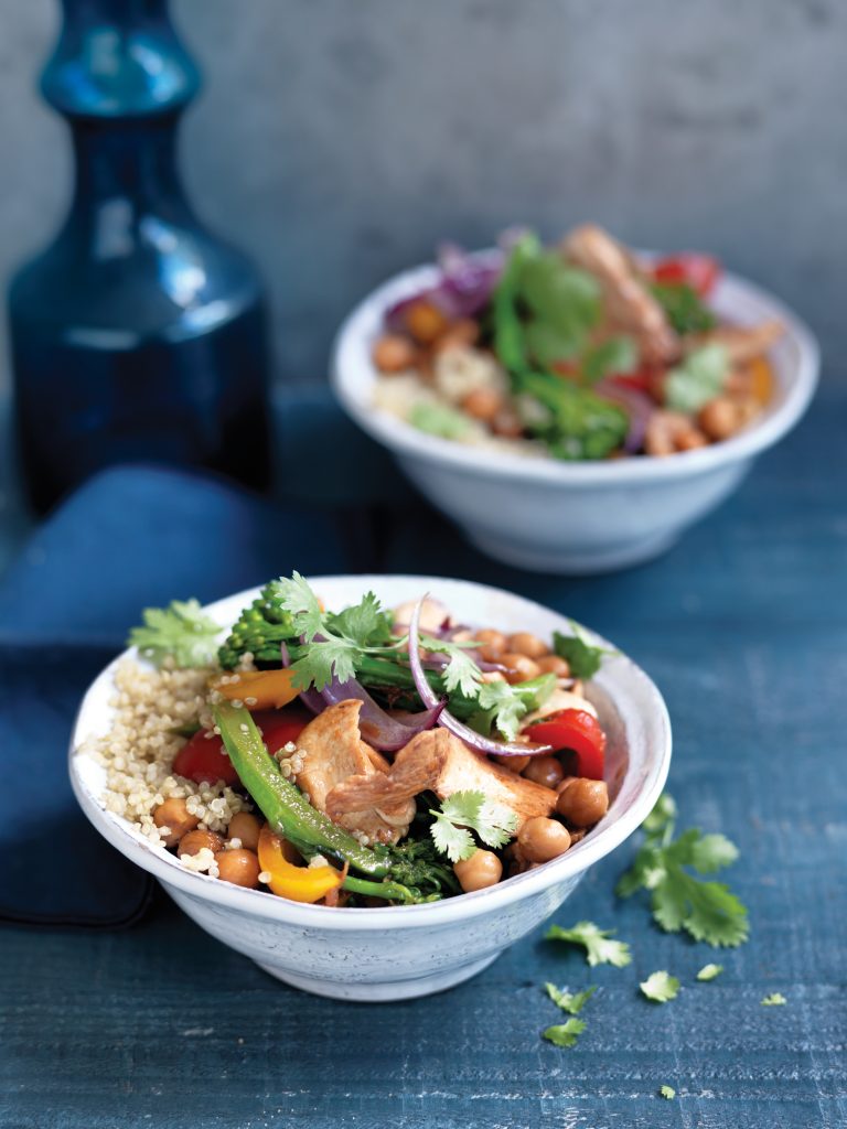 Stir-fried chicken with chickpeas, broccolini and capsicum Stir-fried chicken with chickpeas, broccolini and capsicum