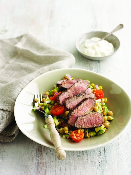 Sumac lamb with corn and chickpea salad