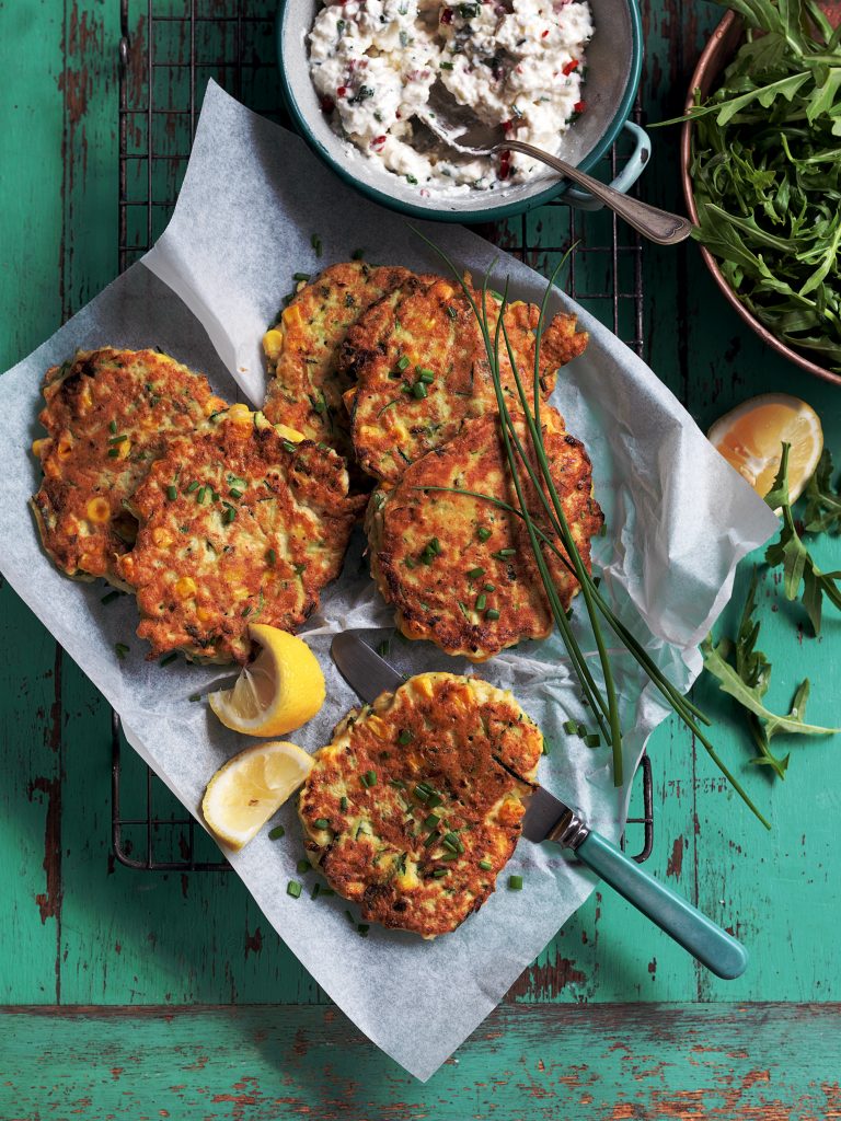 Sweetcorn, courgette and tofu fritters with chive cottage cheese Sweetcorn, courgette and tofu fritters with chive cottage cheese