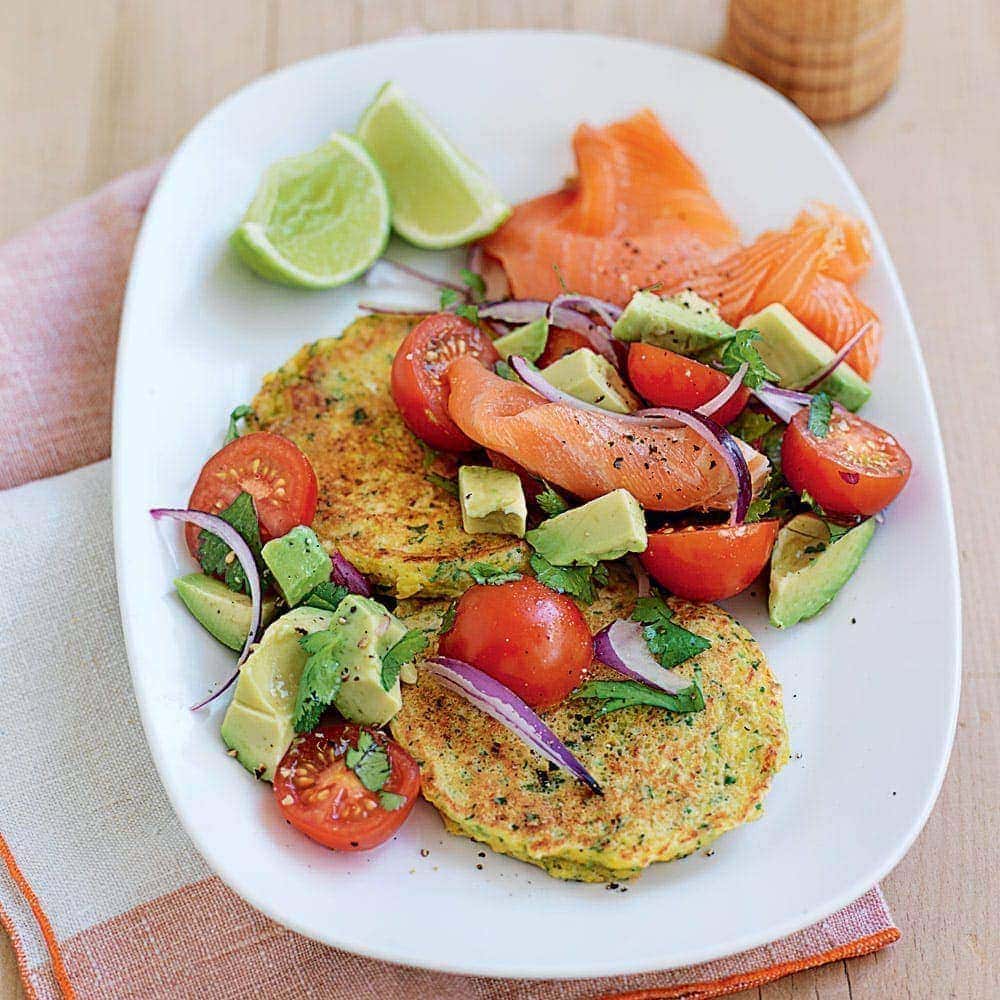 Sweet corn fritters with smoked salmon and avocado salsa Sweet corn fritters with smoked salmon and avocado salsa
