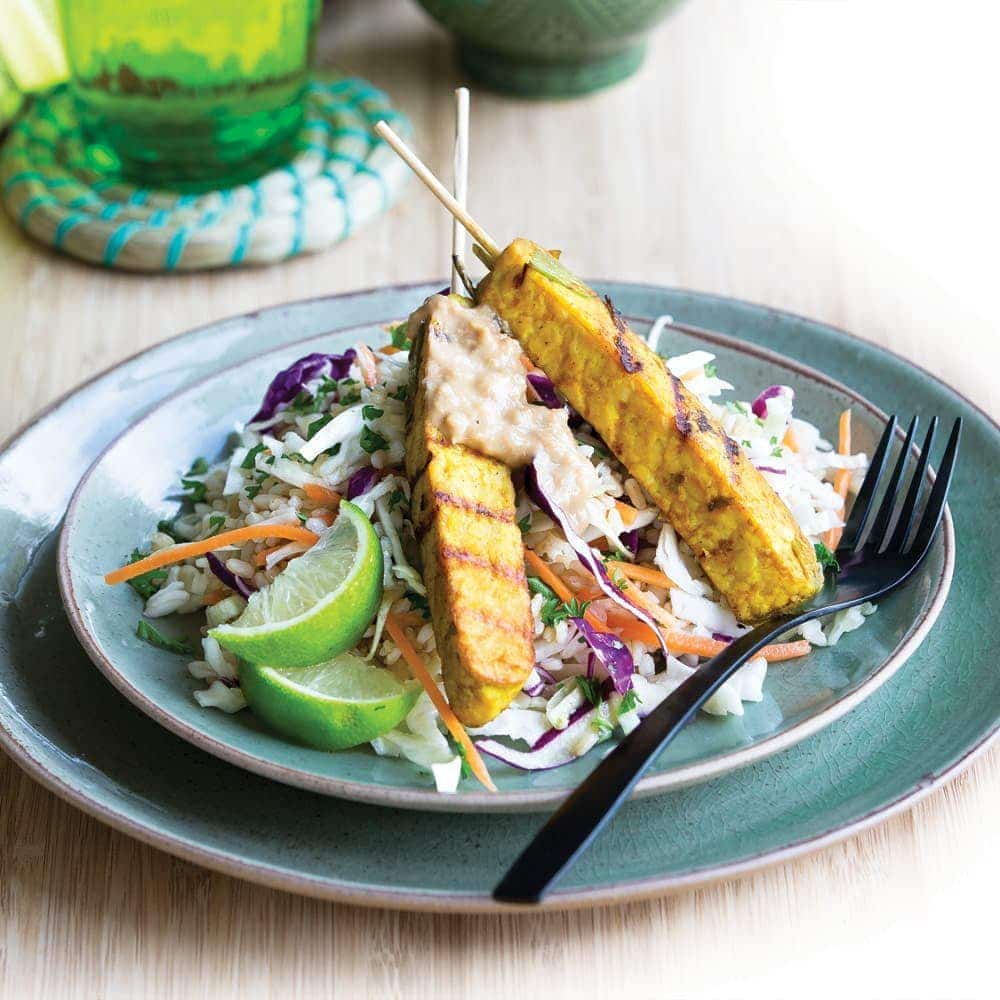 Tempeh skewers with cashew lime sauce Tempeh skewers with cashew lime sauce