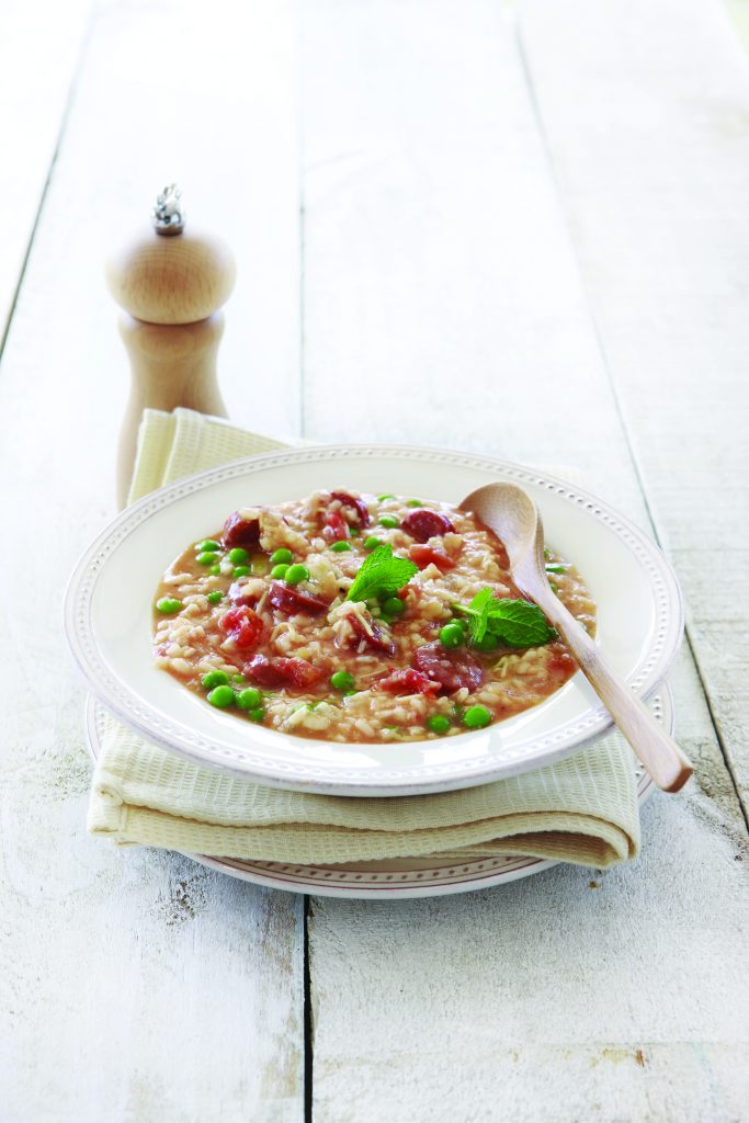 Tomato, chorizo and minted pea risotto Tomato, chorizo and minted pea risotto
