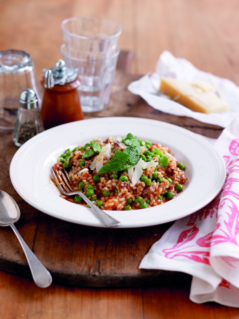 Tomato, sausage and minted pea risotto Tomato, sausage and minted pea risotto