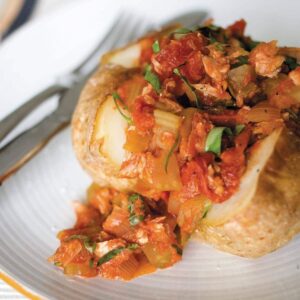 Tuna and basil sauce in jacket potatoes