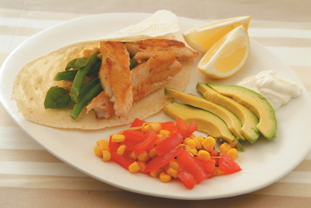 White and green bean tortillas with crispy fish and corn and tomato salsa White and green bean tortillas with crispy fish and corn and tomato salsa