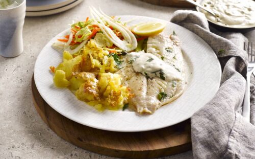 Fish with homemade tartare sauce, fennel slaw and crispy crushed potatoes