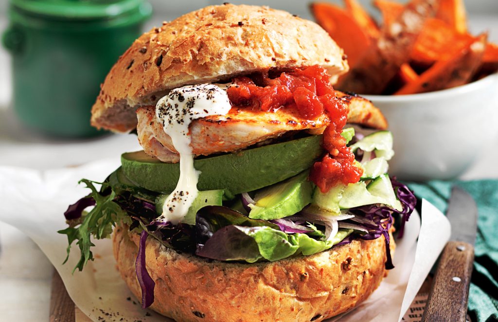 Mexican chicken burgers with golden kumara wedges Mexican chicken burgers with golden kumara wedges