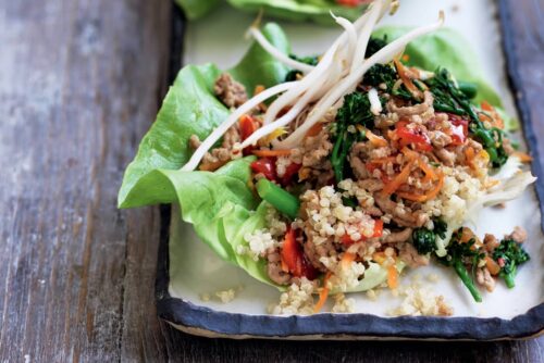 Spicy pork and quinoa lettuce cups