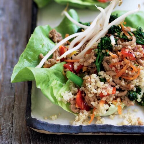 Spicy pork and quinoa lettuce cups