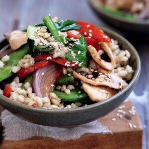 Stir-fried barley with chicken and bok choy