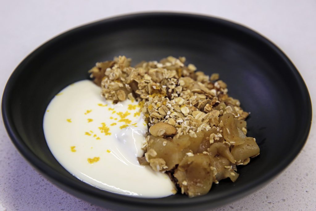 Apple and fig crumble with nutty muesli topping Apple and fig crumble with nutty muesli topping