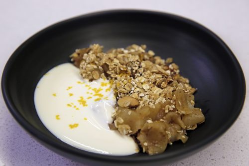 Apple and fig crumble with nutty muesli topping
