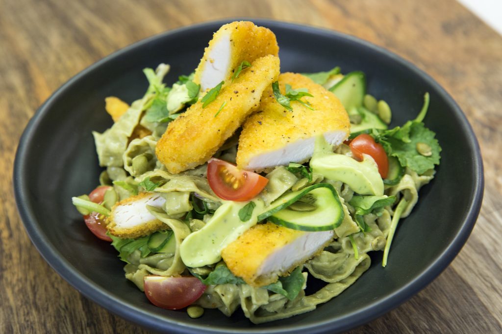 Chicken tenders, salad and edamame and mung bean fettuccine Chicken tenders, salad and edamame and mung bean fettuccine