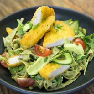 Chicken tenders, salad and edamame and mung bean fettuccine