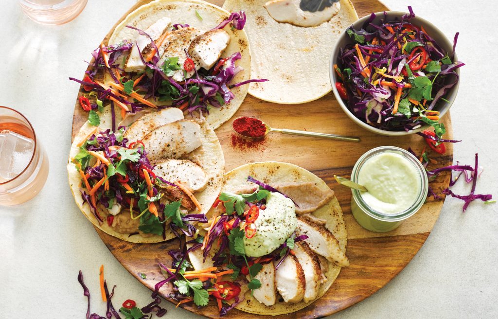 Chicken tortilla with Mexi slaw and avocado cucumber yoghurt Chicken tortilla with Mexi slaw and avocado cucumber yoghurt
