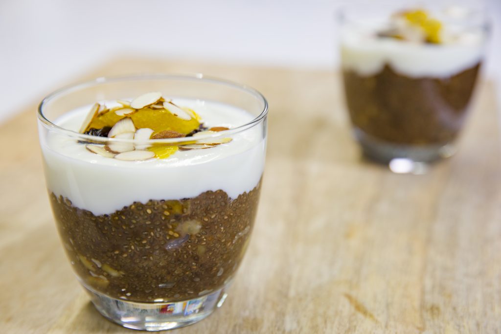Coffee, banana and almond milk chia pot dessert Coffee, banana and almond milk chia pot dessert