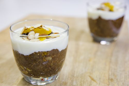 Coffee, banana and almond milk chia pot dessert