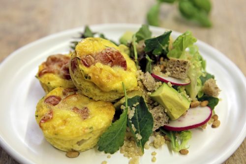 Courgette and tomato frittatas with avocado, quinoa and radish salad