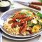 Curried veges with grilled steak and coconut rice