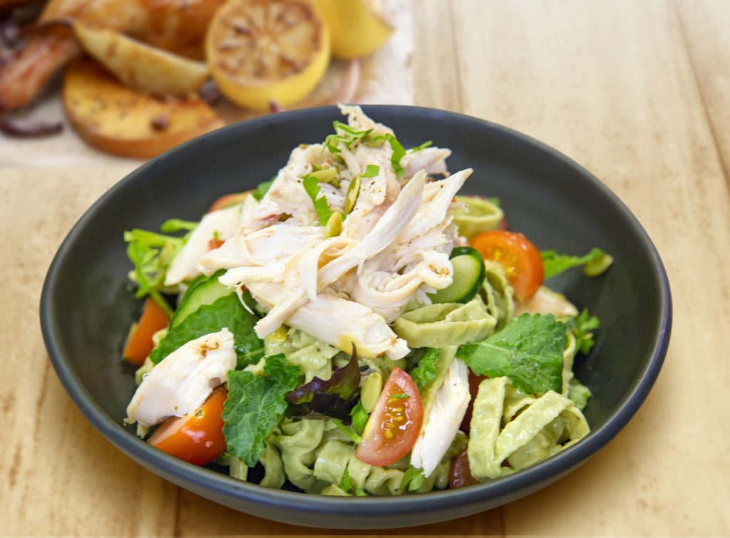 Honey and rosemary chicken, salad and edamame and mung bean fettuccine Honey and rosemary chicken, salad and edamame and mung bean fettuccine