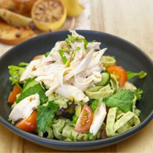 Honey and rosemary chicken, salad and edamame and mung bean fettuccine